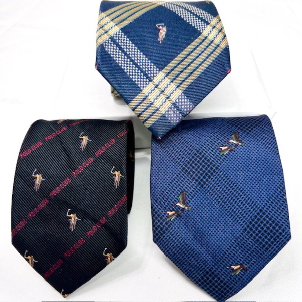 3 Neckties Polo Club+Other 100% Silk Gray Black  Check Striped  Polo Horses (68)